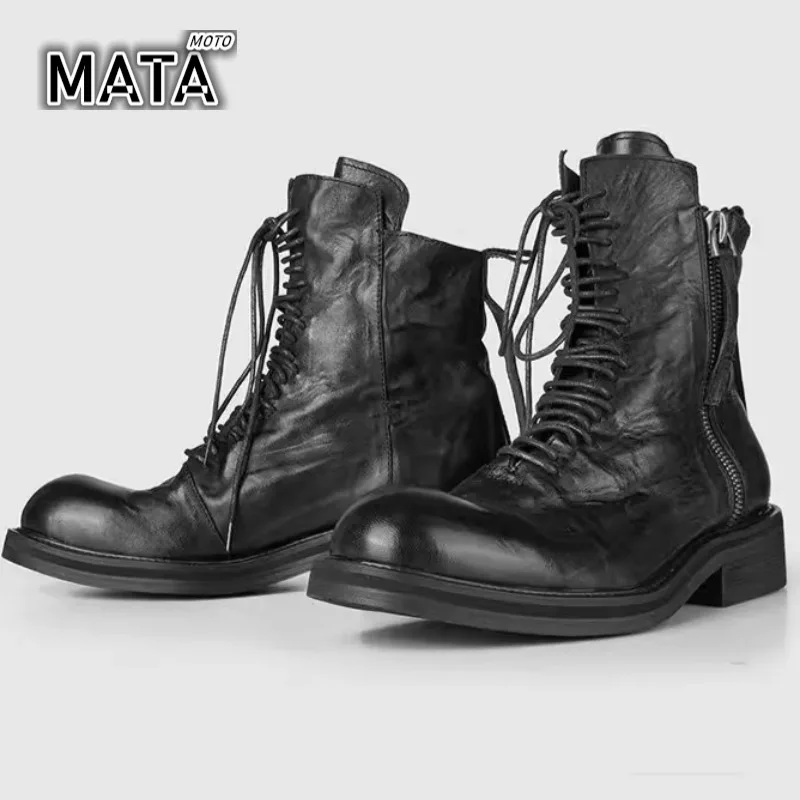 

Motorcycle Boots British Style Men Ankle Boots Genuine Leather Handmade Vintage Leisure Shoes Thick Bottom Men Party Shoes