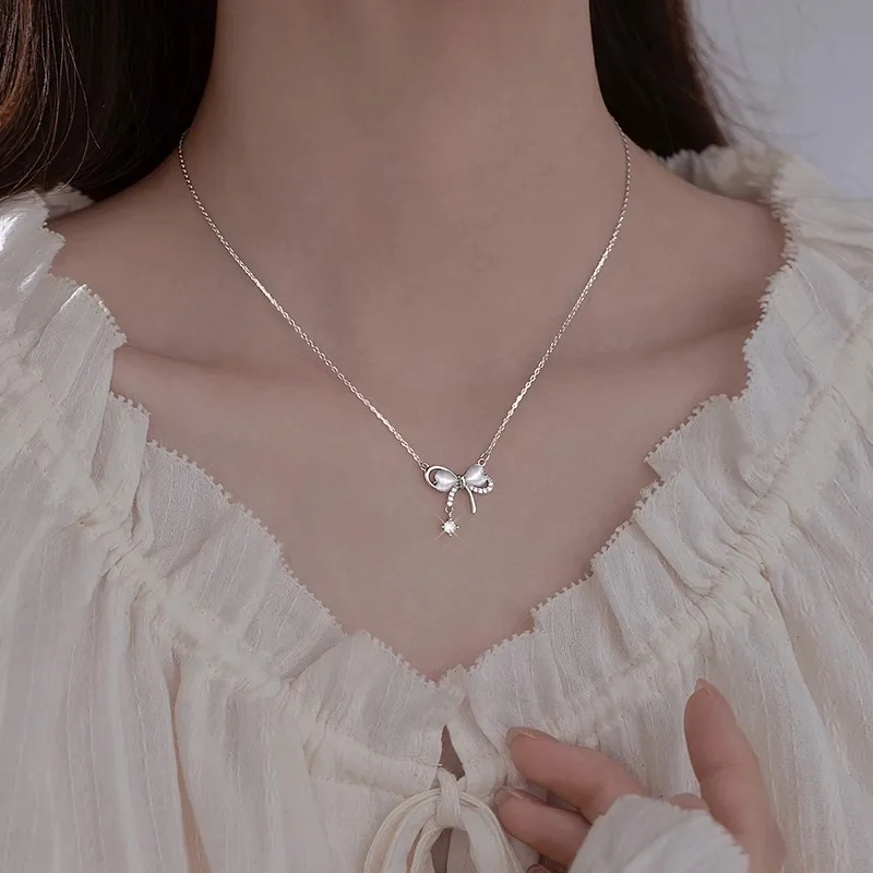 

PANJBJ 925 Silver Bow Knot Zircon Necklace for Women Girl Moonstone Versatile Korean Gift Jewelry Dropshipping