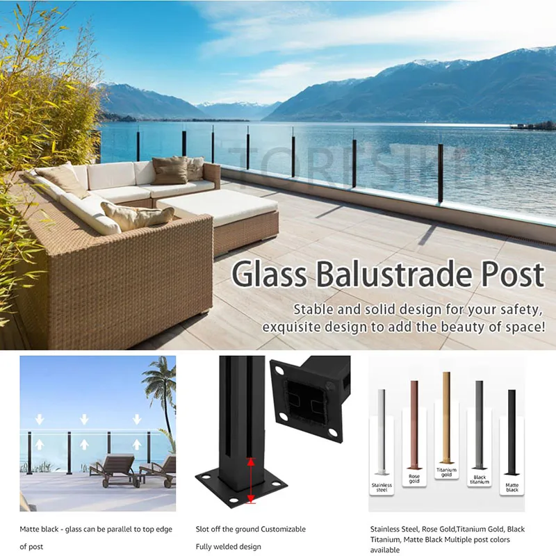 Black Glass Balustrade Post, 304 Stainless Steel Glass Railing Post for Steps, Balconies, Staircases, Decks, Patio Stairs, Pool