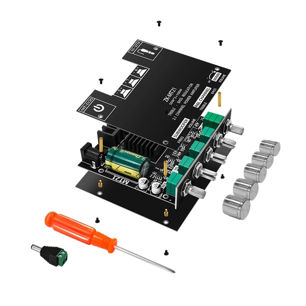 

M18K-ZK-MT21 Digital Power Amplifier Board 50Wx2+100W 2.1 Channel AUX+BT5.0 High Low Tone Super Bass Power Amplifier Board