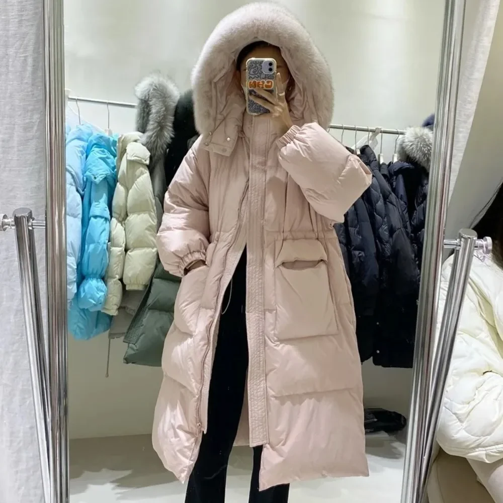 Autumn and Winter Down Jacket Long Down Jacket Warm Women\'s Fluffy Parka Loose Duck Down Jacket 2024 Real Fox Fur Collar 90%