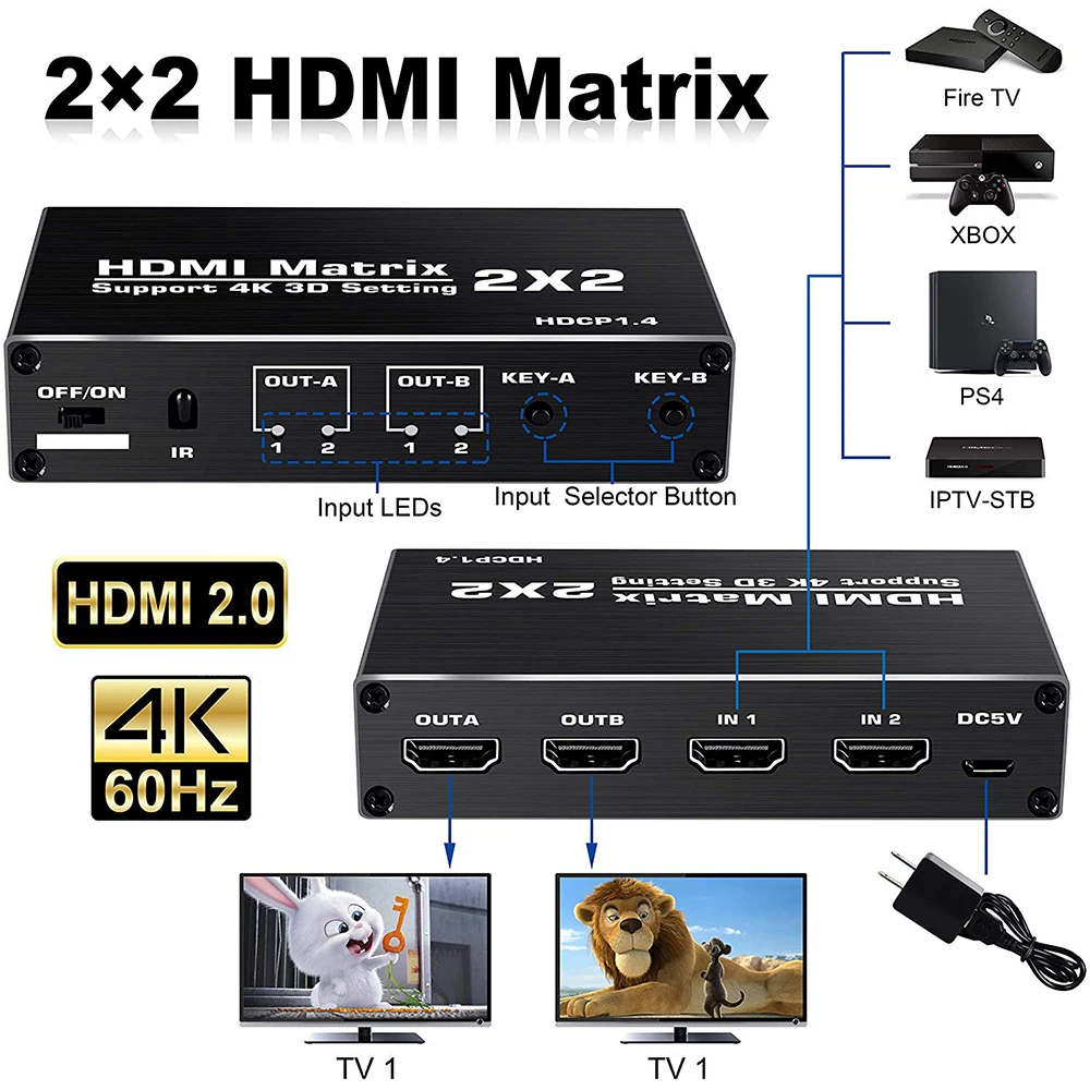 4K HDMI-compatible Matrix Switcher 2x2 1080P 3D 2 in 2 out Switch Splitter Video Matrix Adapter for PS4/PS3 PC Laptop TV