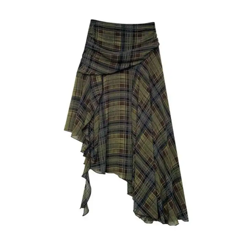 

Punk Women's Skirts 2025 Autumn Retro Irregular Plaid Midi Skirt Autumn Niche Design Slim Fitting Asymmetric Hem Elegant Skirt