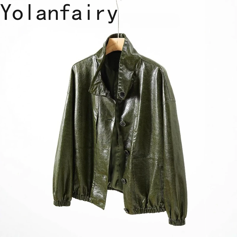 

YOLANFAIRY High-end Green Oli-waxed Real Sheepskin Genuine Leather Jacket Women Casual Loose Leather Coat Fashion 2026 Chaquetas