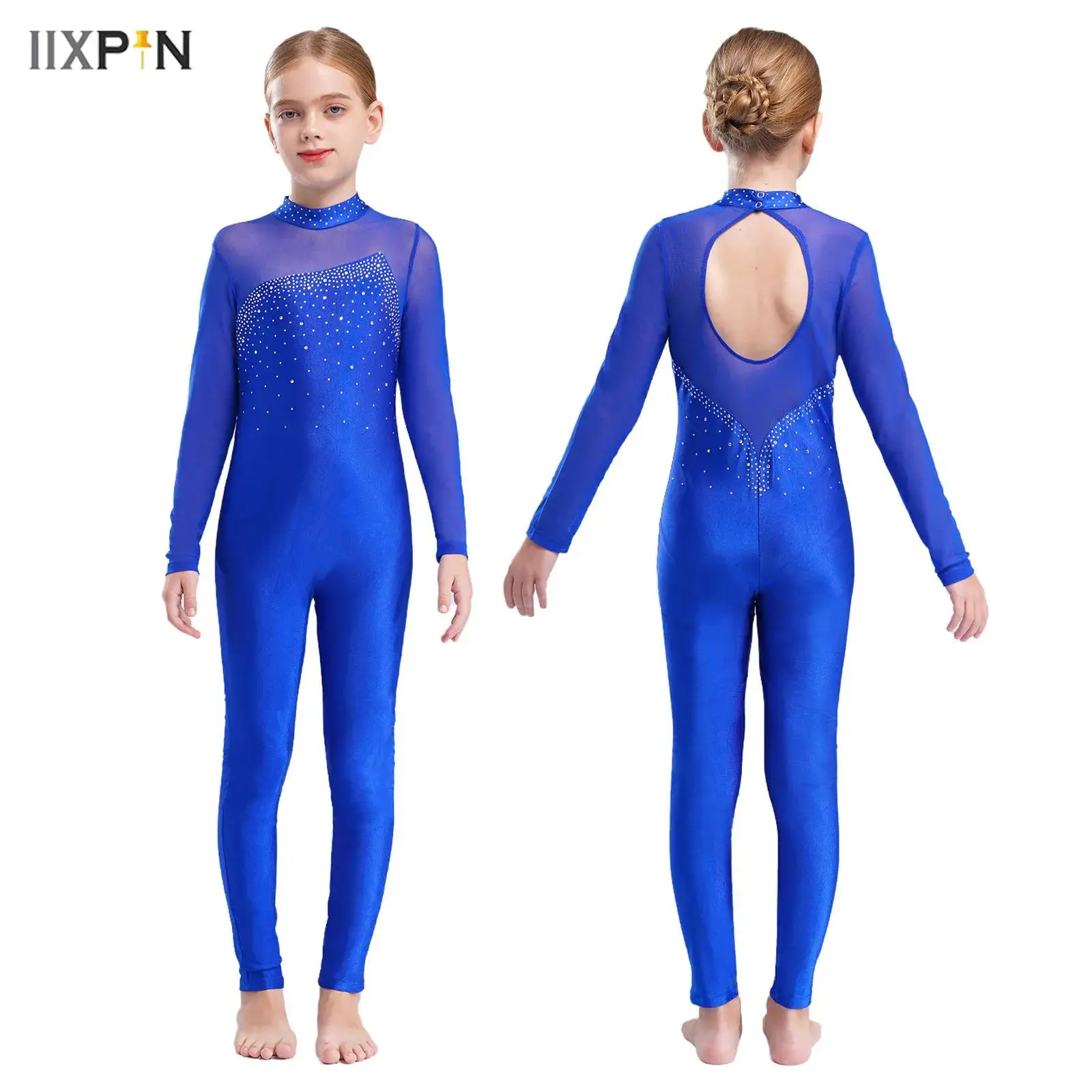 

Kids Girls Long Sleeve Ballet Gymnastics Rompers Rhinestones Hollow Back Jumpsuit Bodysuit Dance Skating Competition Costume