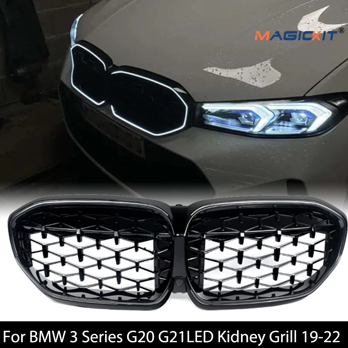Front Bumper Hood Kidney Grill with LED Light for BMW G20 G21 G28 320i 330e M340i 2019 2020 2021 2022 Racing Centre Grille Grid