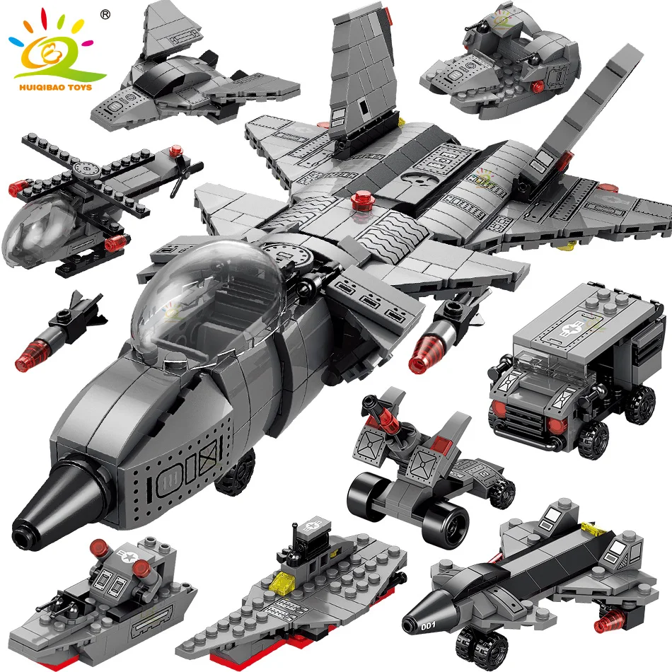 HUIQIBAO Military 510PCS Attack J-20 Fighter Building Blocks Army City Weapon Plane Airplane Helicopter Bricks Children Toys