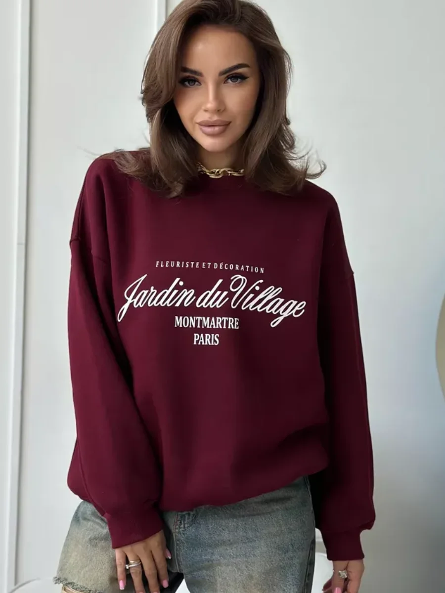 Women's Top American Retro Spring and Autumn European and American Style Ins Niche Printed Round Neck Hoodie