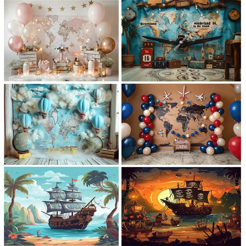 

Balloon Blue Marine Wall Sailboat Photography Backdrops Birthday Party Decor Global Fishing Net Photo Studio Background TE-09