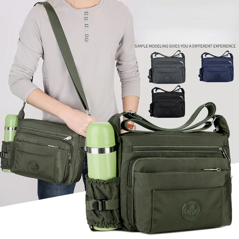 Bolso de hombro Horizontal de gran capacidad para hombre, bandolera de nailon con bolsillo lateral para botella de agua, moda informal