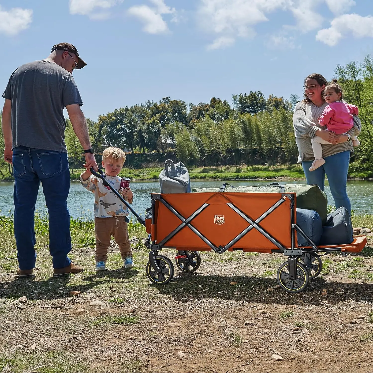 Extra Long Collapsible Folding Wagon with Tailgate, Heavy Duty Foldable Utility Wagon with Adjustable Ha