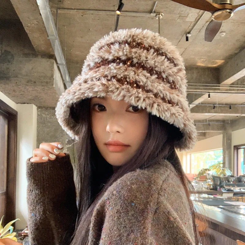 

Korean Version Show Face Small Fisherman Hat Plush Warm Basin Hat Winter Cold Protection Ear Knitted Woolen Hat Women