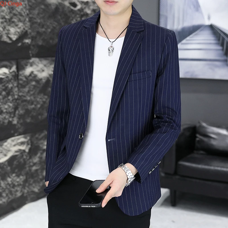 

2026 Men's Blue Striped Blazer, Black Single-Button V-Neck Slim-Fit Jacket, Perfect for Weddings,Parties,Office, or Casual Wear.