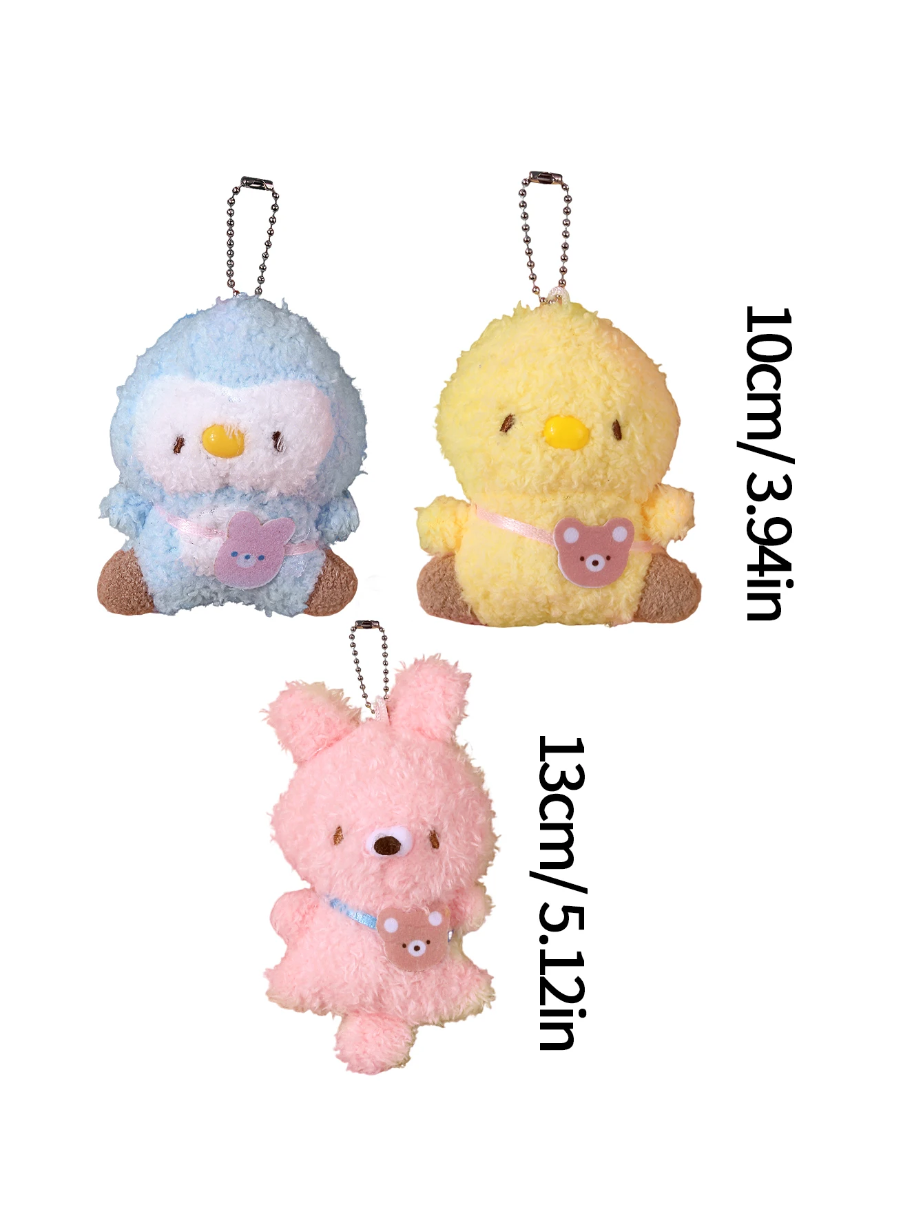 Cute Fluffy Plush Keychain Cartoon Pink Rabbit Yellow Chick Doll Pendant With Bear Tag Soft Stuffed Animal Key Ring Backpack Bag