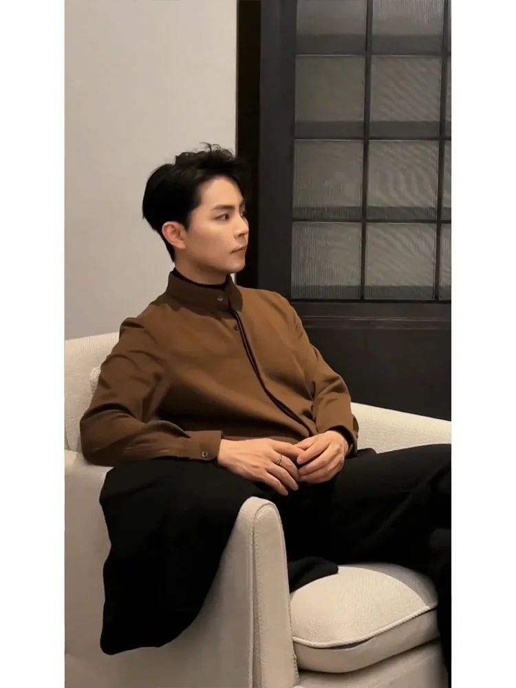 Thiened Warm Woolen irt Men's Autumn Winter Mature Stable Faionable Long Sve Stand Collar Knitted Two-Piece irt