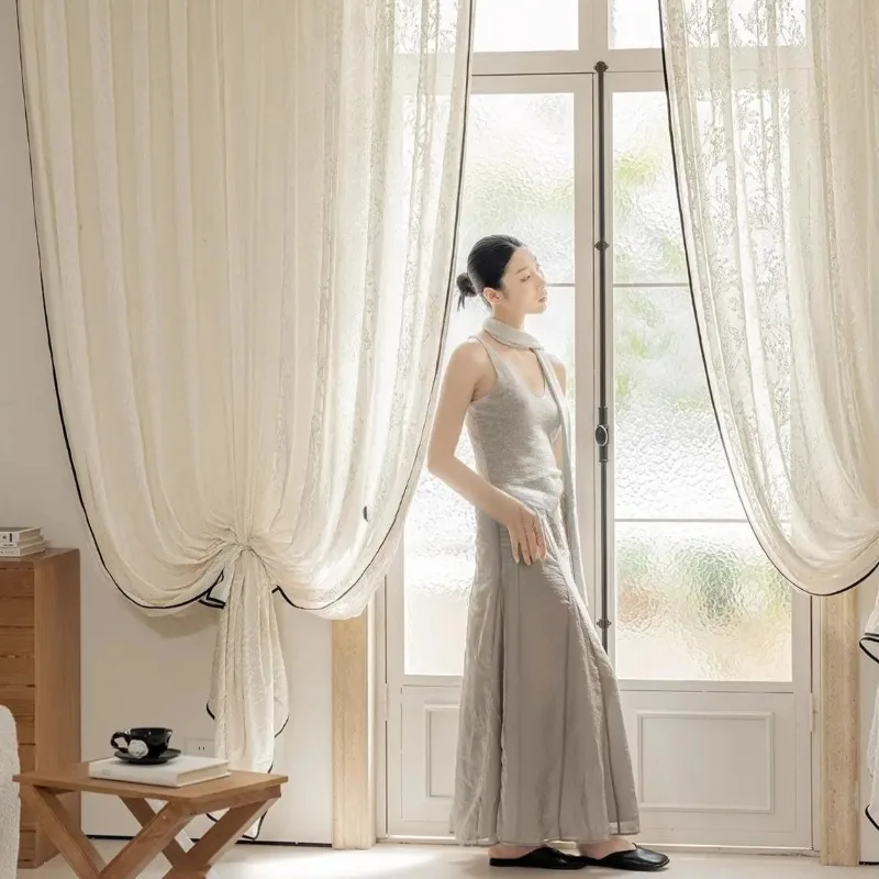 

Французская винтажная прозрачная занавеска с тиснением, черная отделка, полупрозрачные шторы для гостиной и балкона, фильтрация света, конфиденциальность