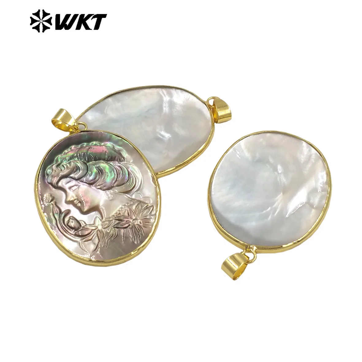 WT-JP426 WKT Lately Design Round Shape Natural Shell Pendant With 18k Real Gold  Plated For Women Birthday Gifts