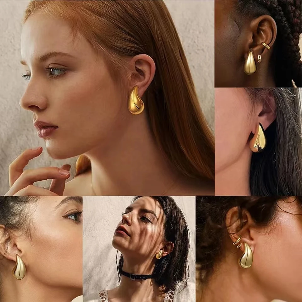 Vintage Smooth Gold Color Exaggerate Dupes Teardrop Chunky Bottega Stud Earring Stainless Steel Waterdrop Lightweight Hoops