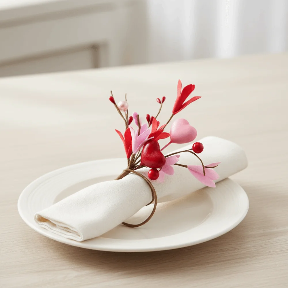 

5PCS Artificial Flower Napkin Ring Romantic Design Elegant Napkin Holder Heart Symbol Napkin Buckle Romantic Dinner