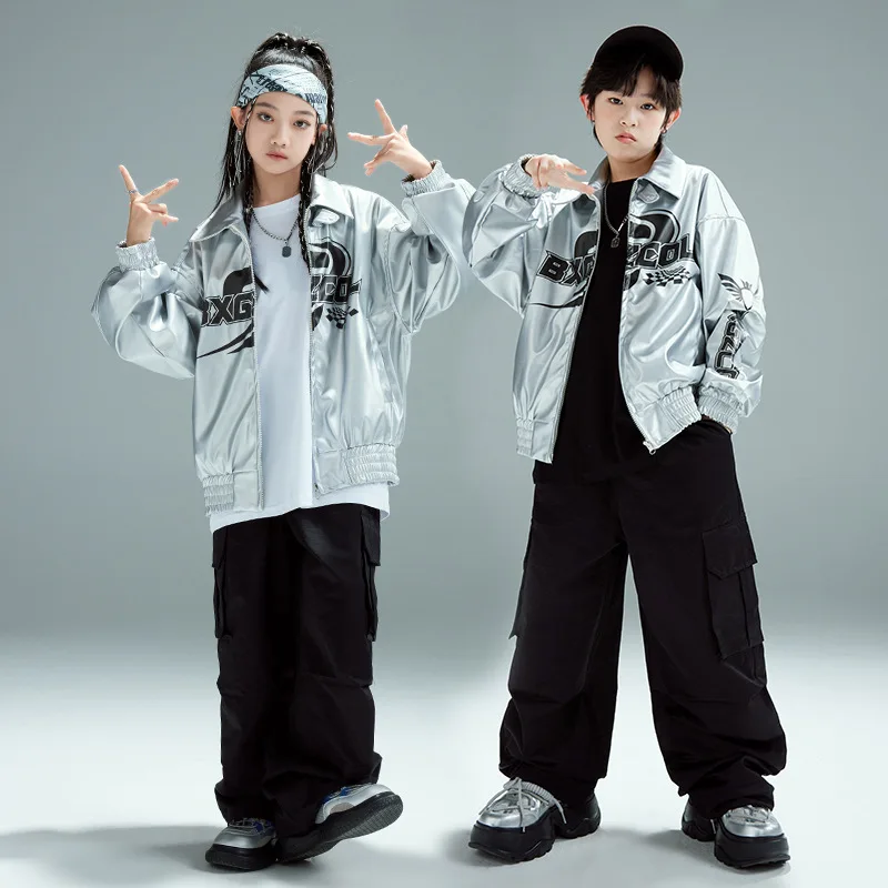 Mädchen Hip Hop Tanzen Performance Outfits Jungen Silber Jacke Street Wear Kpop Show Sets Gruppe Jazz Dance Kostüme Mantel Hosen