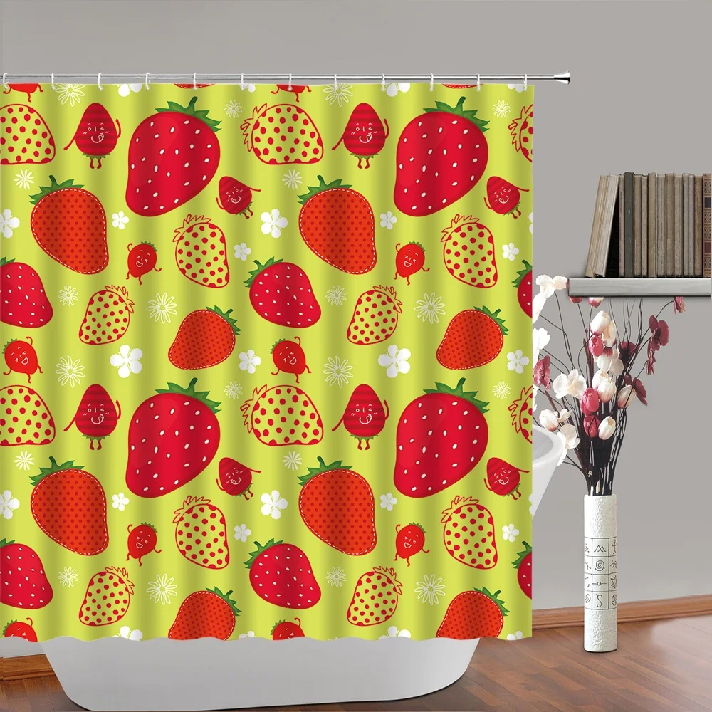 

Cute Red Strawberry Shower Curtain Summer Fruits Flower Polyester Fabric Bathroom Decor Curtains Sets Bathtub Screen with Hooks