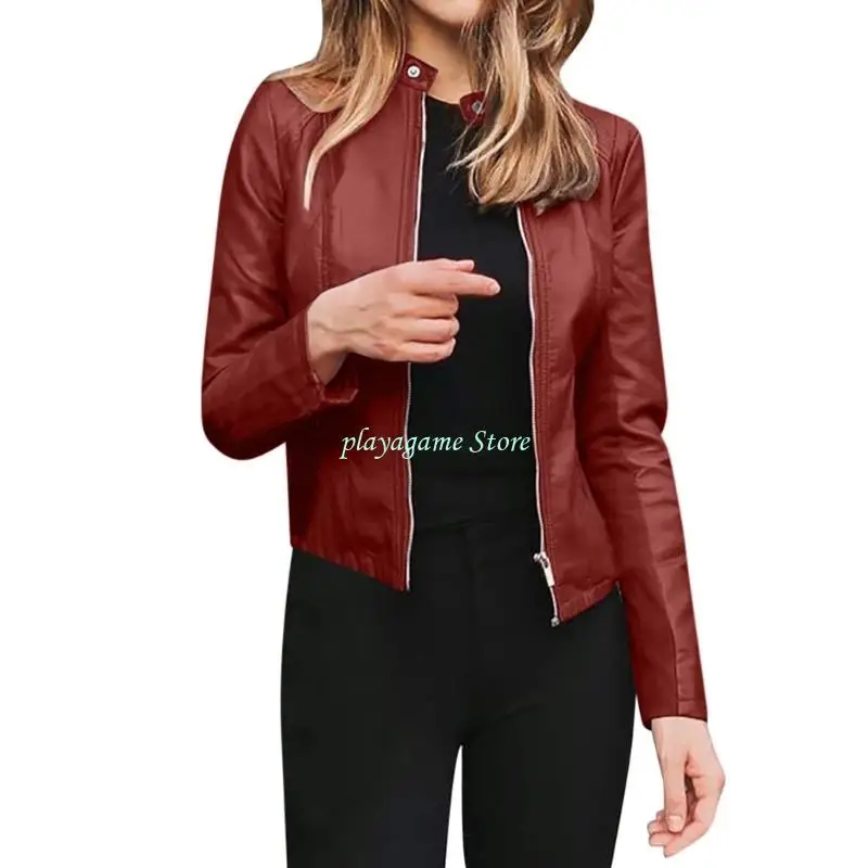 Y88A Damen Kunstlederjacken, abgeschnittene PU-Motorradjacke, schlanker Stehkragen, Biker-Bombermäntel, Herbst-Outfits,