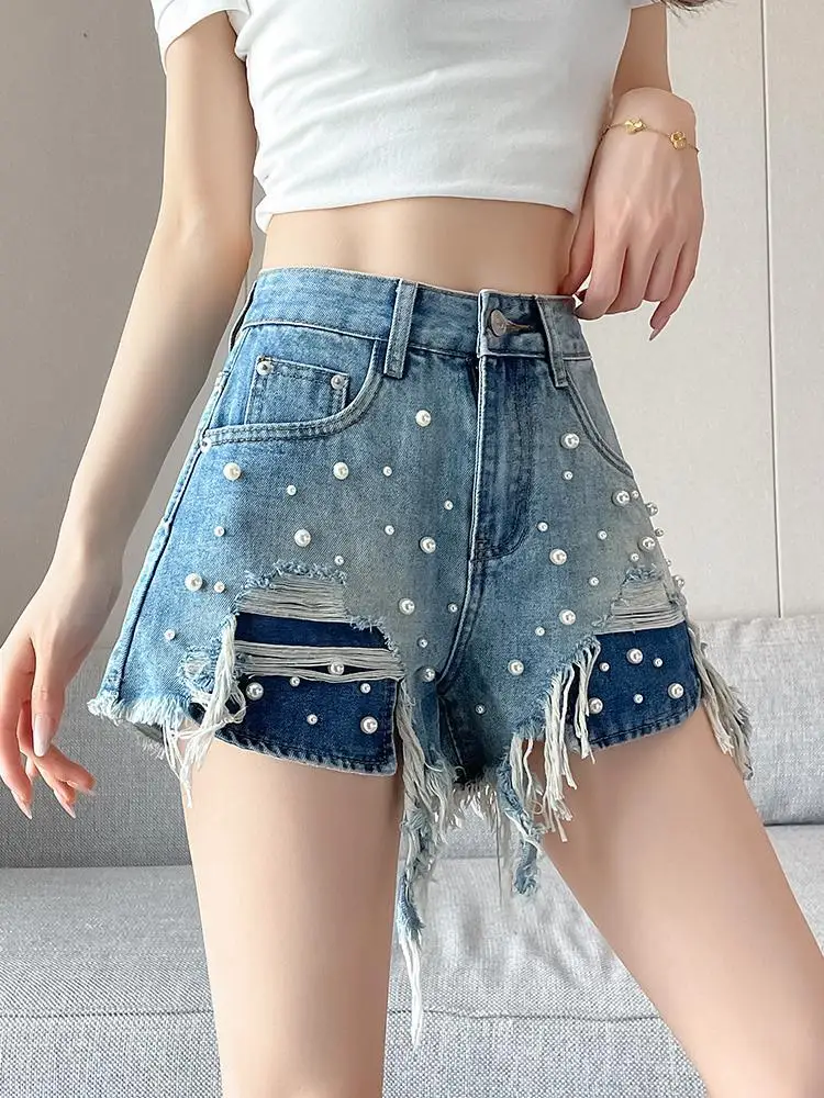 

Women 2025 New Blue Pearl Elegant Versatile Denim Shorts Spring Summer High Waist Loose Mini Jean Short Pant Trendy Streetwear