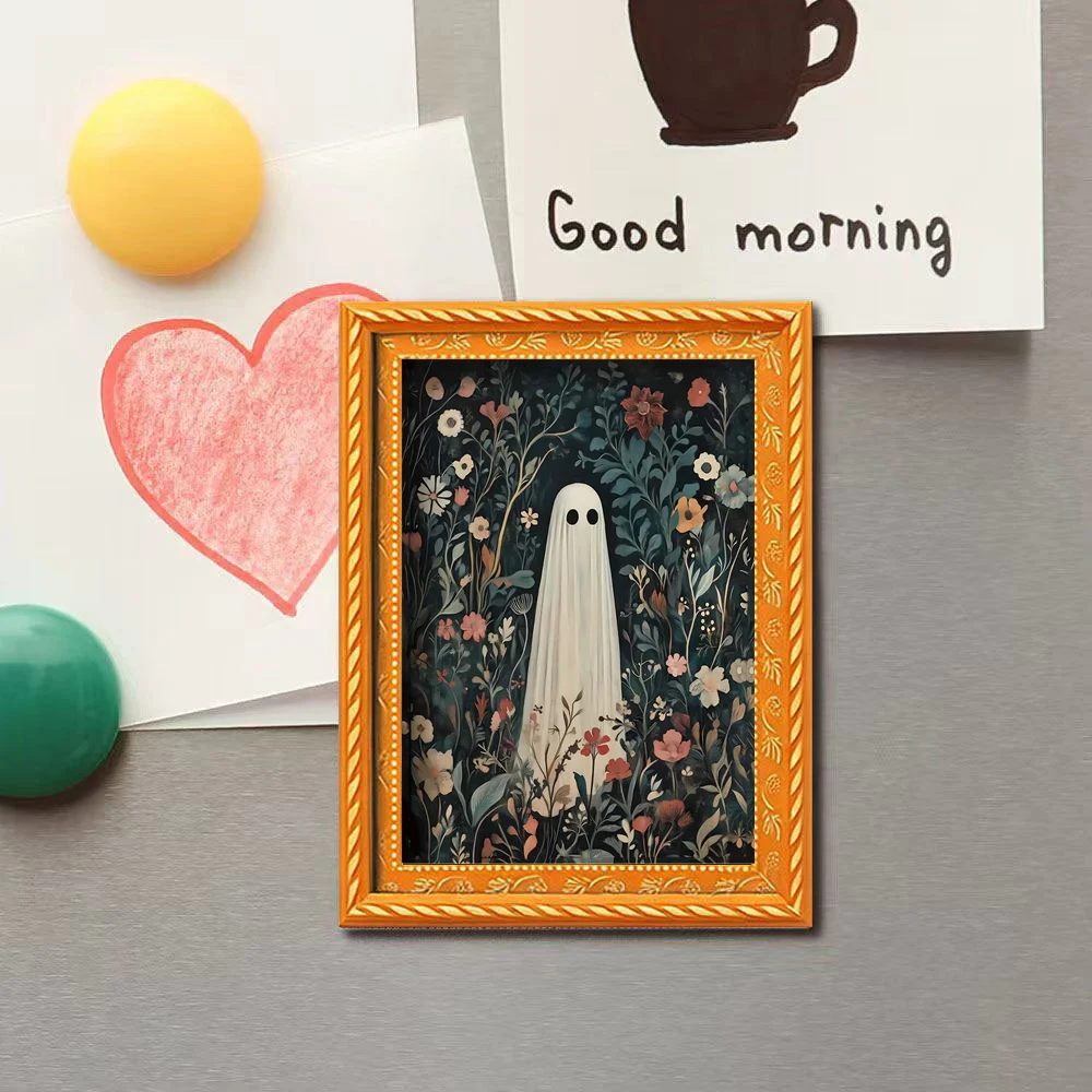 1 Piece of Vintage Halloween Floral Ghost Photo Frame Fridge Magnet, French Pastoral Floral White Ghost Oil Painting Magnetic Decoration Sticker, Gentle Gothic Kitchen Fridge Magnet, Halloween Home Kitchen Decoration Gift