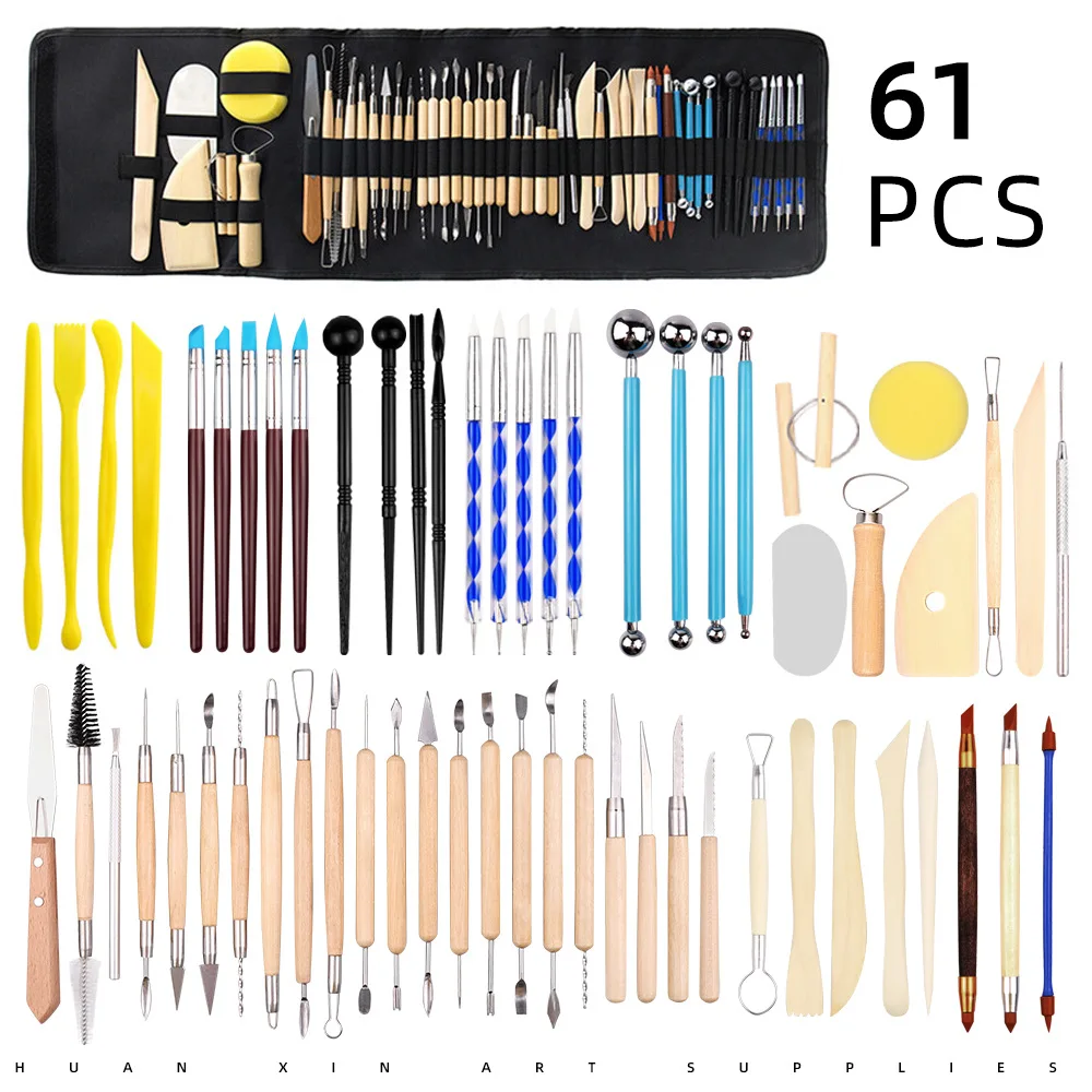 Cross Border Pottery Tools 61 Piece Wooden Stainless Steel Handmade Pottery Tools Stoneware Clay Sculpture Shaping Tools