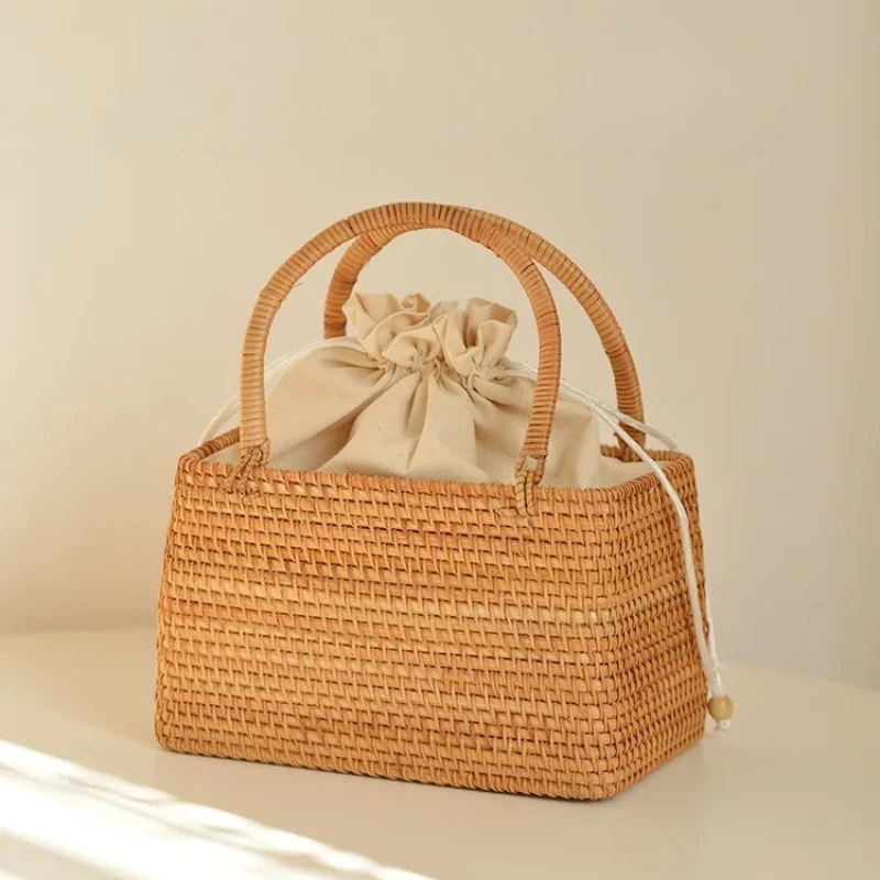 

Handmade Autumn Rattan Picnic Basket, Boho Woven Storage Tote, Ethnic Style Farmhouse Carryall, Natural Vine Beach Bag for Women