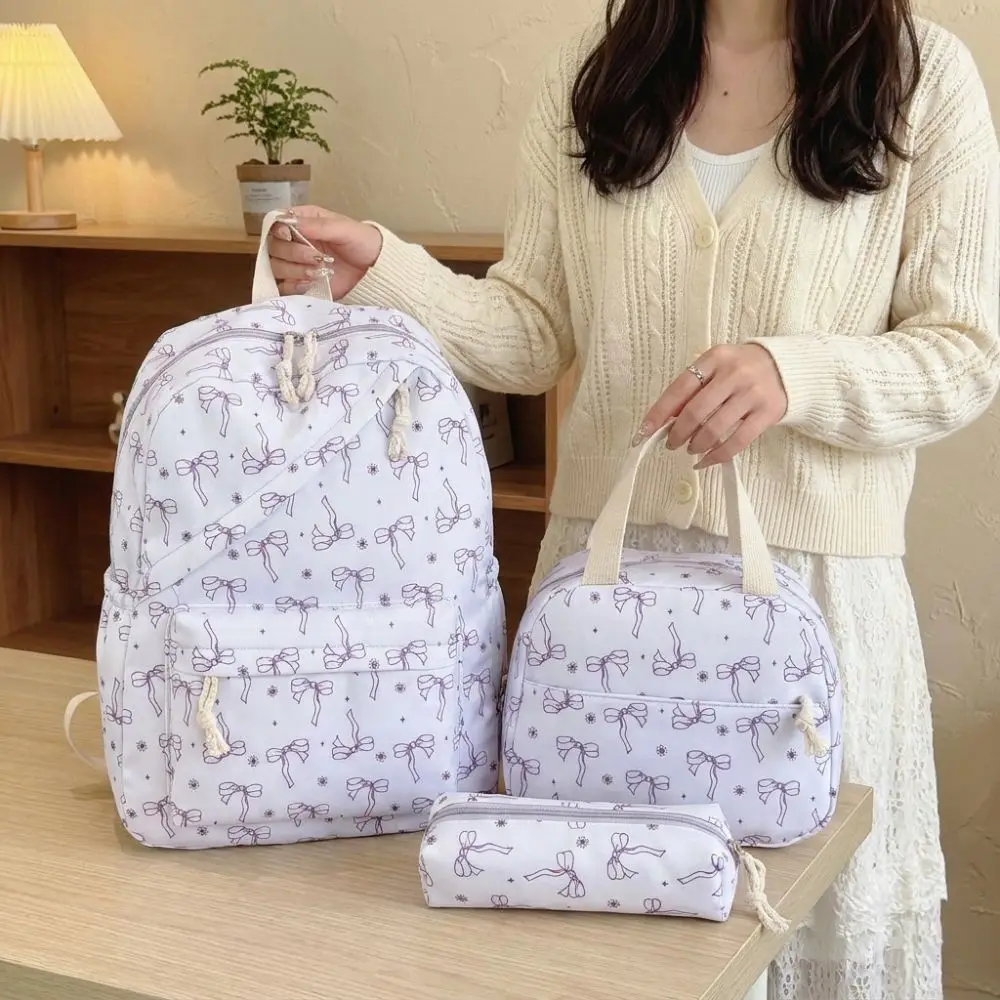 3PCS Bow Print Backpack,lunch Bag,Pencil Case Set Spacious Lightweight Schoolbag Set Sweet Portable Student Rucksack Set Campus