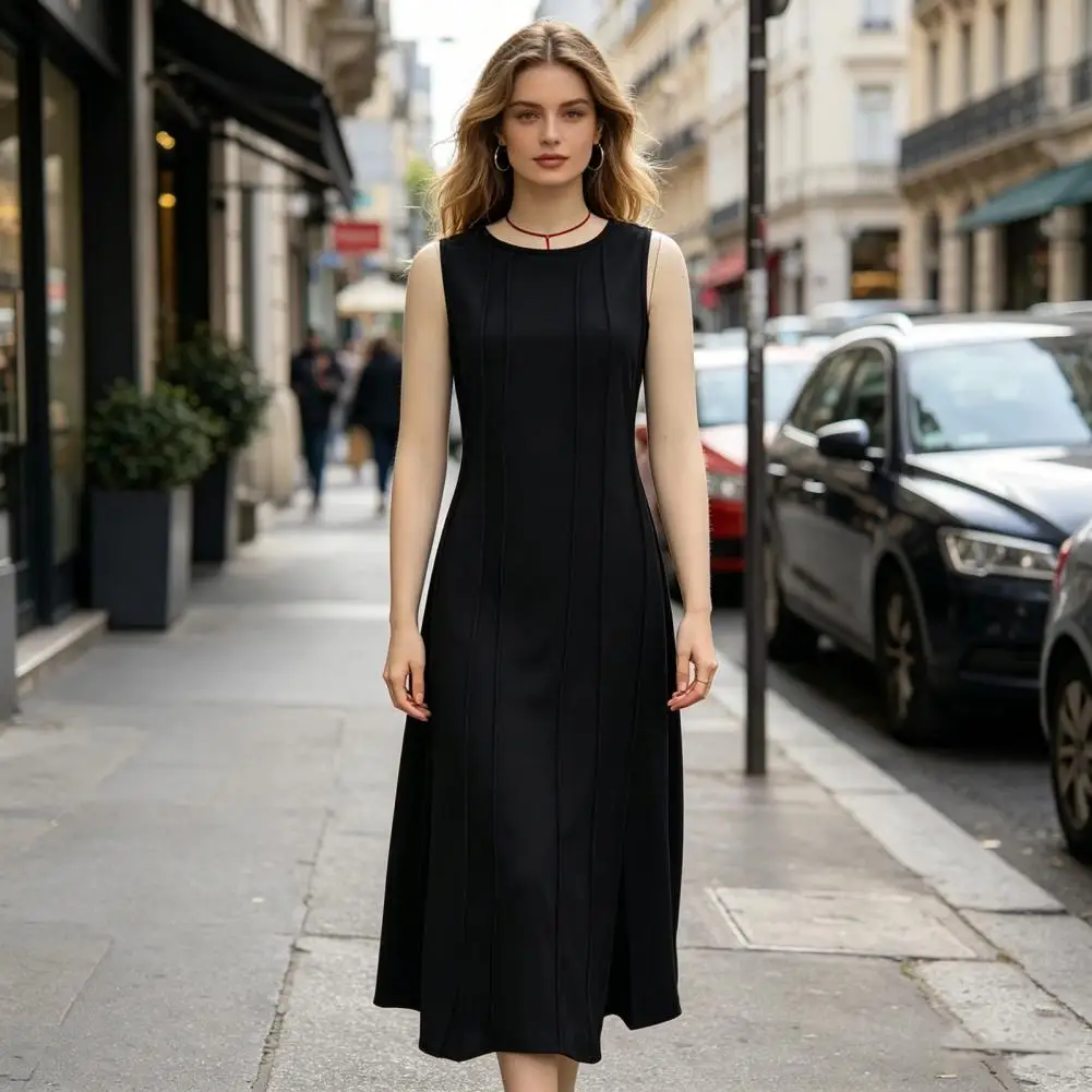 

Легкое женское платье без рукавов, летнее, повседневное, миди, А-силуэт, плиссированное, струящееся, с карманами и пуговицами