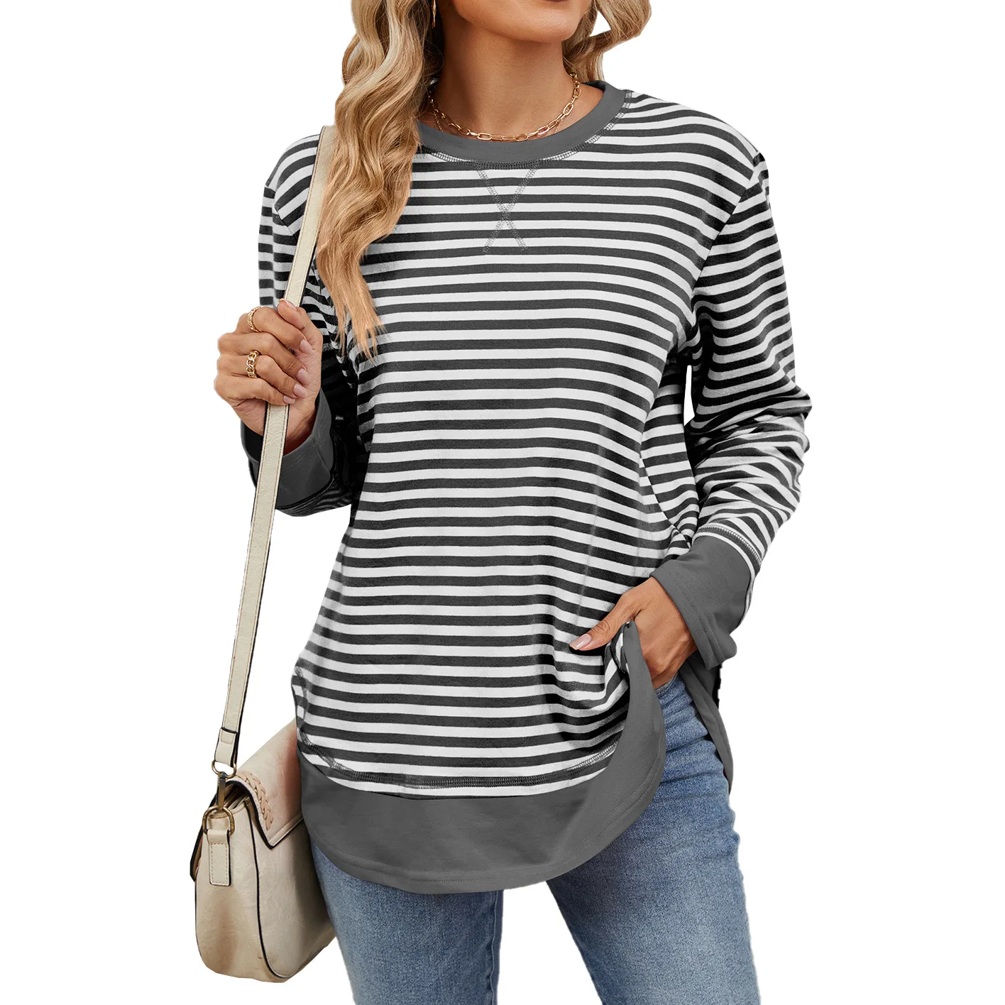 Pullover Sweatshirts Coats Women Jackets Color Biock Striped Long Sleeves Round Neck Loose Fit Slight Strech Casual 2025 Autumn