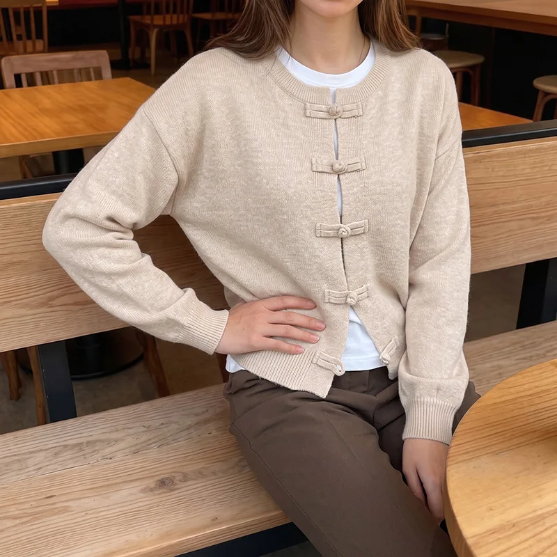 Women Knitted Cardigan Sweaters Solid Jumpers Button Round Neck Long Sleeves Single Breasted Loose Fit Casual 2026 Autumn Winter
