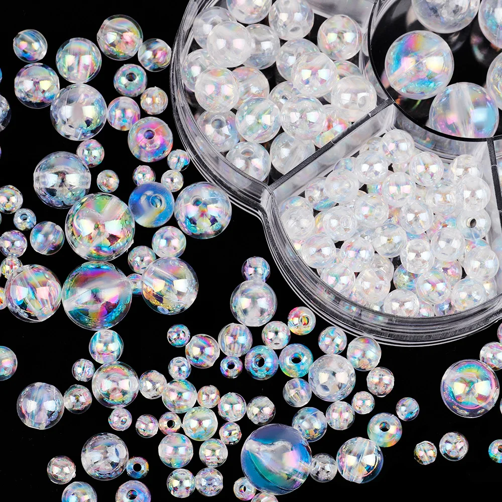 1Box Mix 4-12Mm Ab Pearlescent Beads Imitation Pearl Transparent Perforated Round Beads DIY Crafts Jewelry Making Accessories