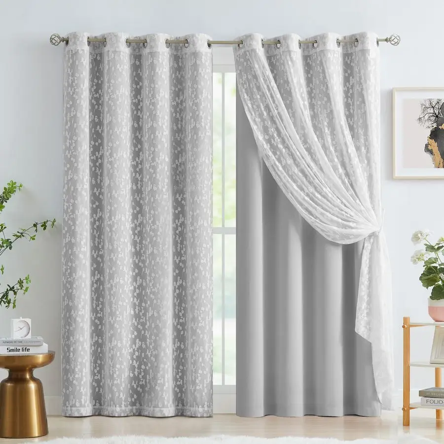 

Gray Mix Matched Curtains Leaf Sheer Lace 2 Panels amp 2 Full Blackout Curtains 100 Percent Room Darkening Curtains for Bedroom