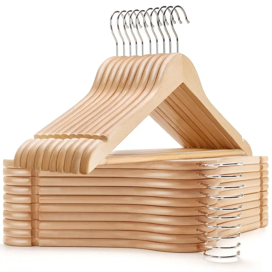 

30 Pack Wooden Coat Hangers, Natural Wood Suit Hangers with Non Slip Pant Bar, Clothes Hangers for Shirts, Jackets, Dress, Pant