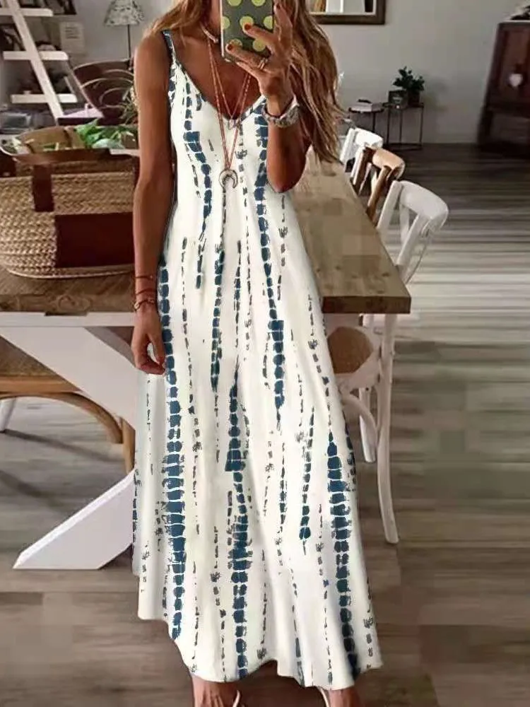 Vestido maxi estampado casual feminino, vestido de cinta esparguete, decote em v, sem encosto, linha A, longo, estilo boêmio, moda praia