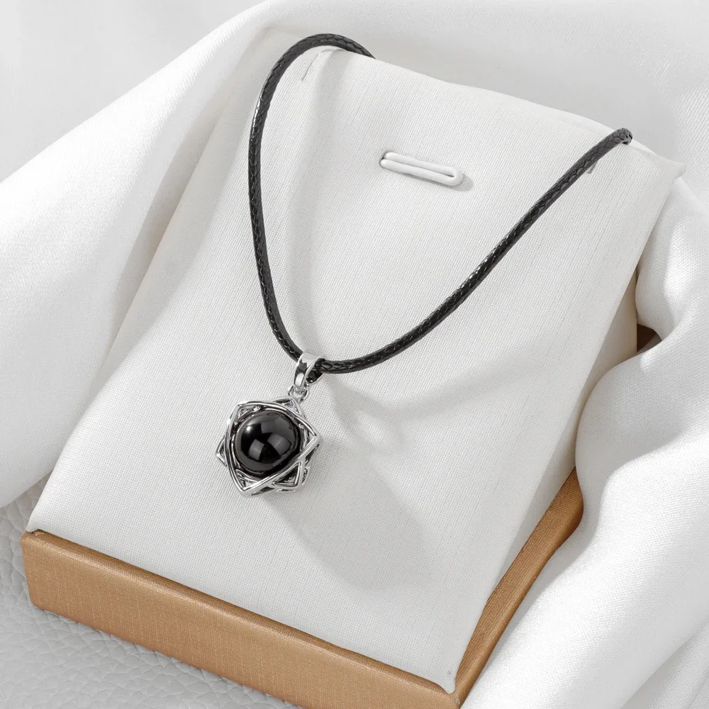 Reiki Healing Black Onyx Obsidian Necklace Retro Six-pointed Star Pendant Leather Rope Chain Neceklaces For Women Men Jewelry