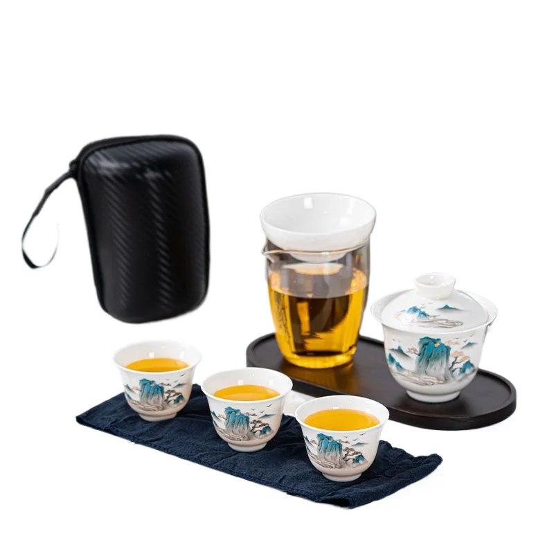 

Sheep Fat Jade Travel Tea Set Simple Household Ceramic Covered Bowl Teacup Outdoor Portable Quick Cup Storage Bag