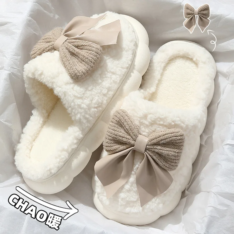 

Cotton Bowknot Slippers Ladies Winter indoor Home Warm Fluffy Shoes Comfortable Slippers 3.5CM Thick Sole Antislip