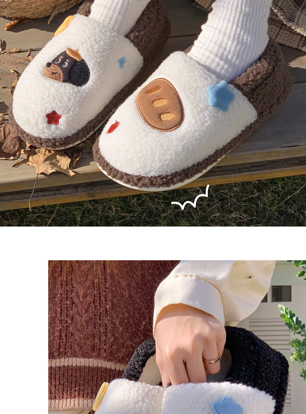 Damen-Hausschuhe mit Cartoon-Hundemotiv, geschlossener Rücken, warm, flauschig, weich, dicke Sohle, rutschfest, für den Winter, für drinnen. – Detail 10