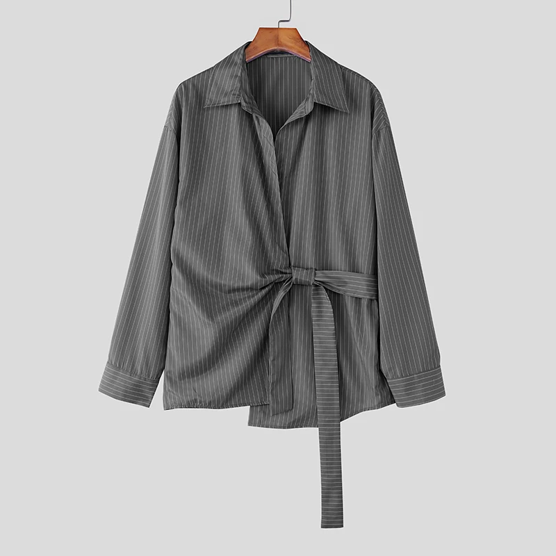 

INCERUN Мужская полосатая рубашка с лацканами и длинным рукавом, повседневная мужская одежда, корейская уличная одежда, модные мужские рубашки нестандартной формы для отдыха