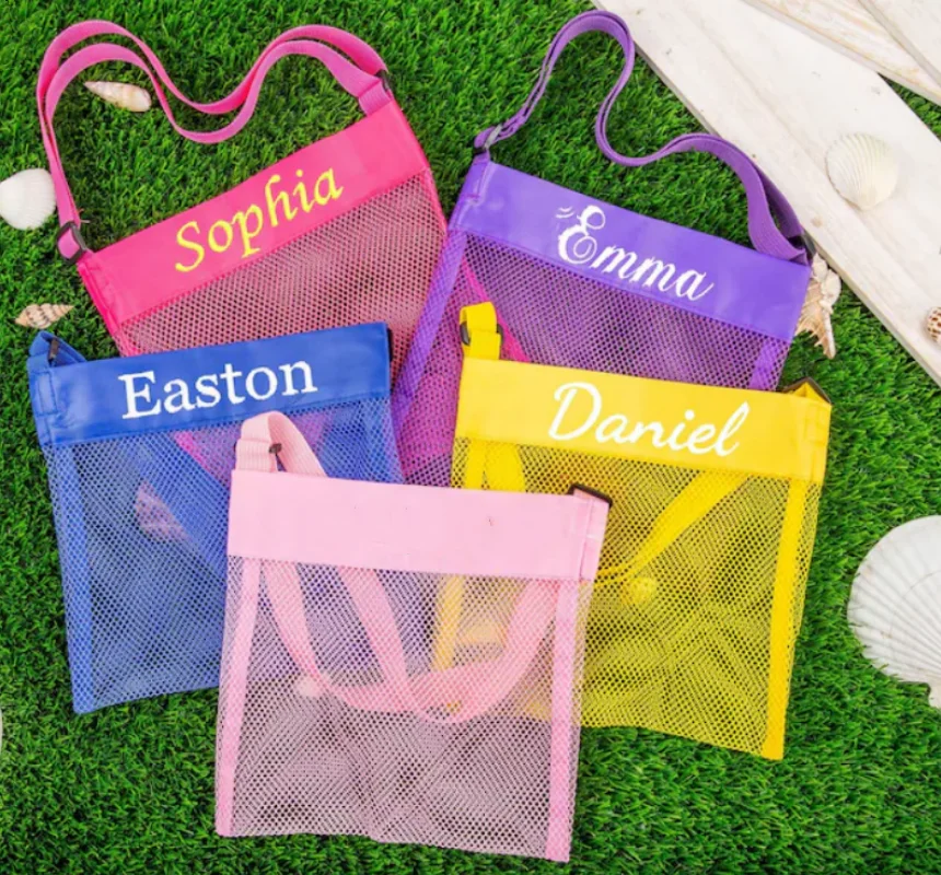 Personalized Shell Bag,Child Seashell Mesh Bag,Party Favor Bag,Custom Beach Shell Bag,Shell Collection Bag, Kids Beach Bag