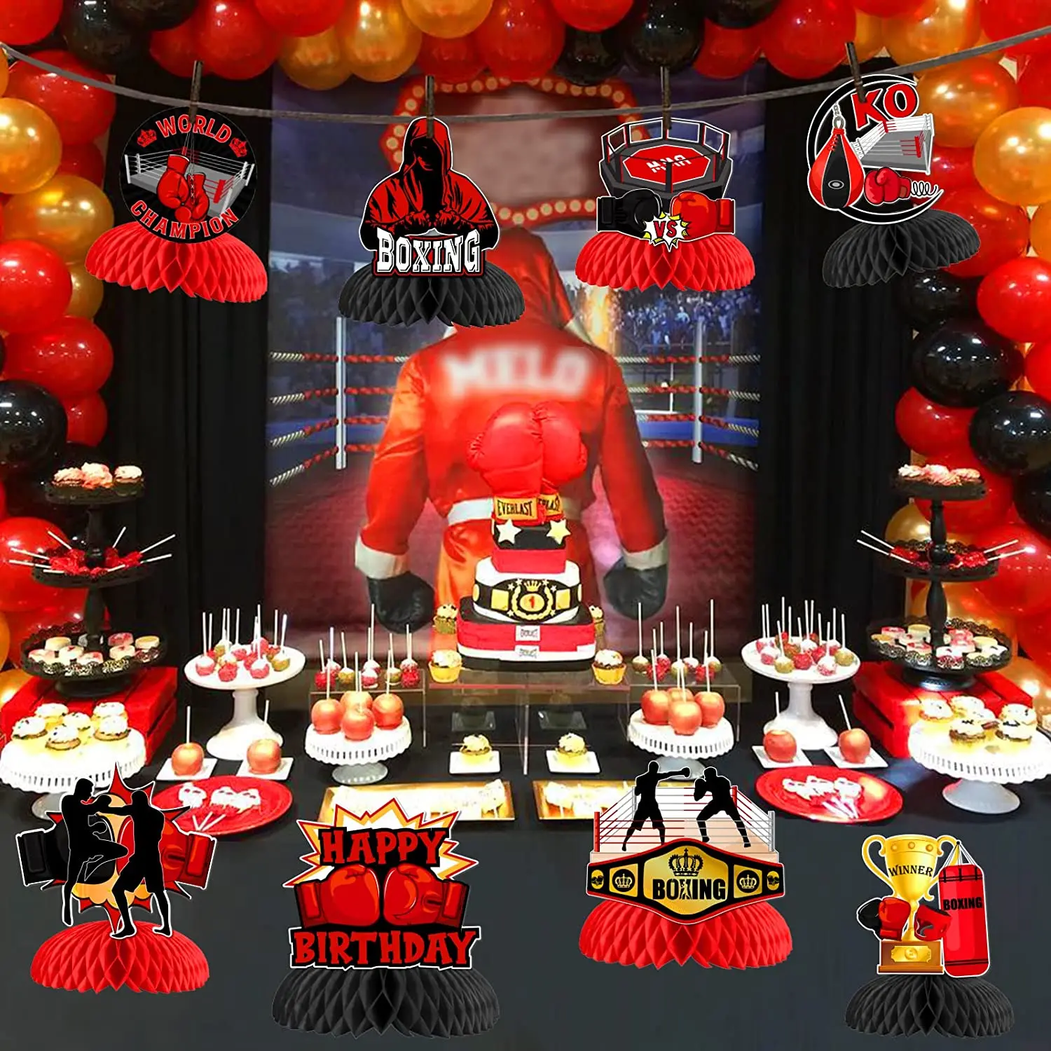 8 Pieces Boxing Birthday Honeycomb Centerpieces Boxing Match Birthday Party Decorations Boxer Gloves Boxing Platform Table Decor