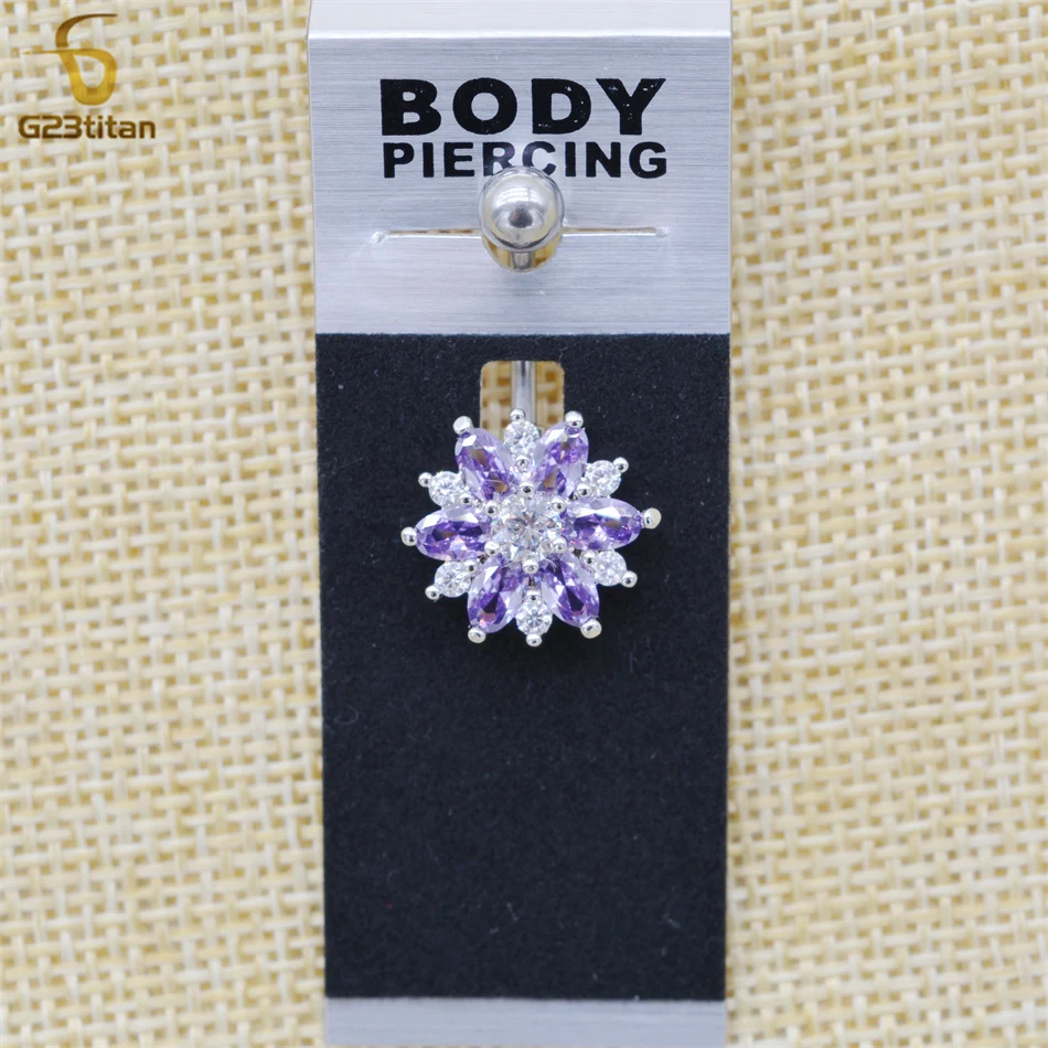 Charm Purple Zircon Flower Navel Ring 14G 6-14mm Titanium Barbell Belly Button Piercing Jewelry Women Accessory anillo ombligo