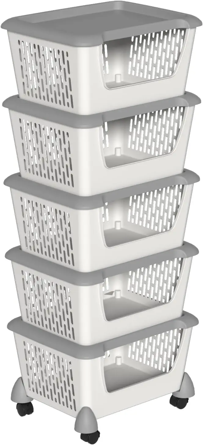 5 Pack Plastic Stacking Baskets with Wheels and Lids, Kitchen Stackable Organizer Basket, Grey