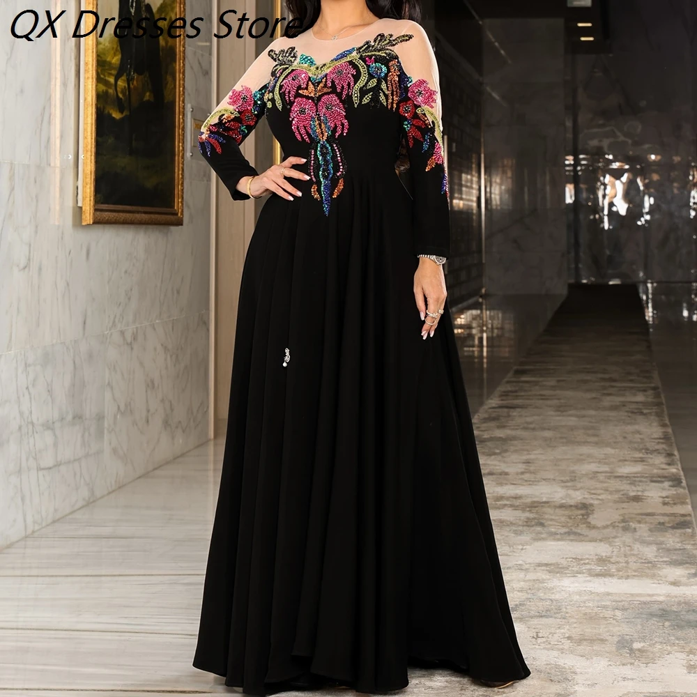 

Women's A-line Evening Dresses Floor-length O-neck Full Sleeve Prom Dresses Fashion Sequined Simple Draped Customized Gowns