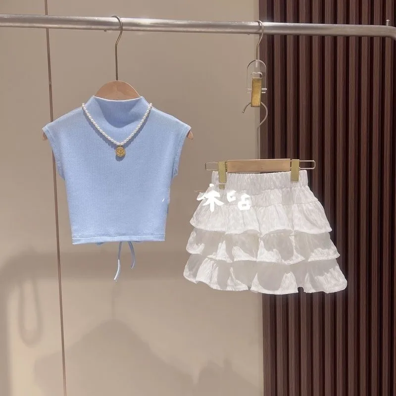 

Girls' summer set new children's short sleeved T-shirt pleated skirt two-piece set baby skirt pants stylish summer outfit