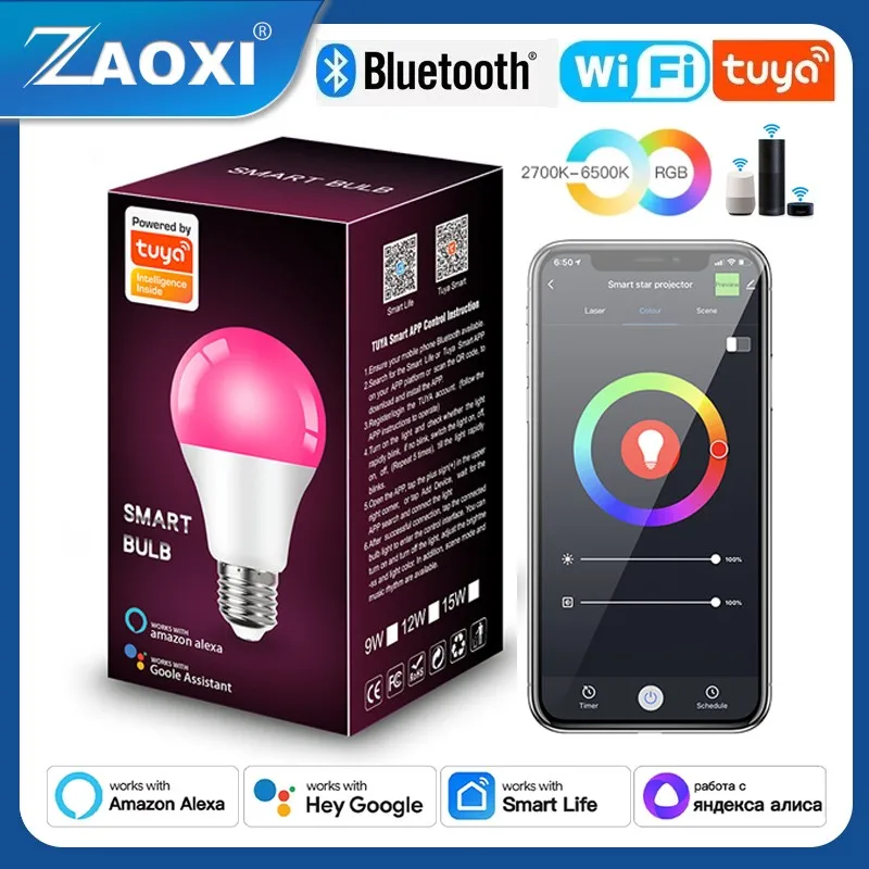 ZAOXI bohlam lampu LED WiFi grafiti cerdas, bohlam lampu perubahan warna grafiti cerdas Bluetooth 9W 15W RGBCW Google Alexa kontrol suara rumah